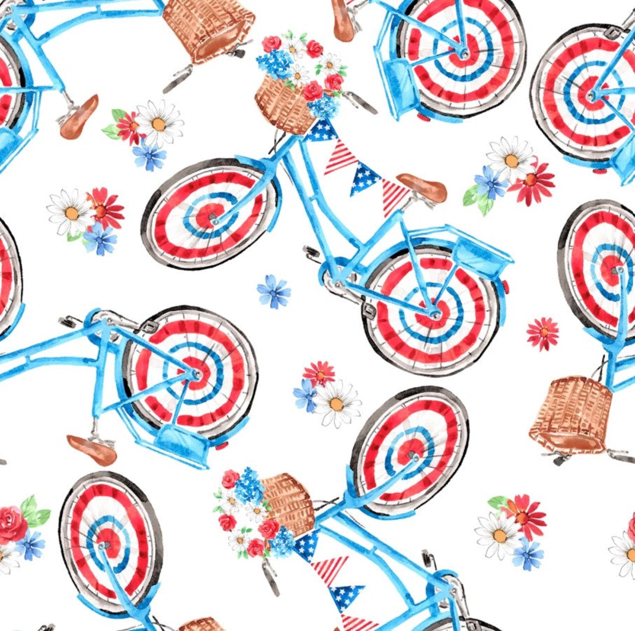 3 Wishes Fabric Patriotic Victory Pedal on White Bikes Price per Yard